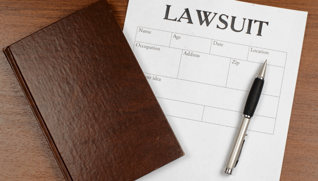 Notebook and pen beside a document labeled “Lawsuit,” representing the civil lawsuit timeline