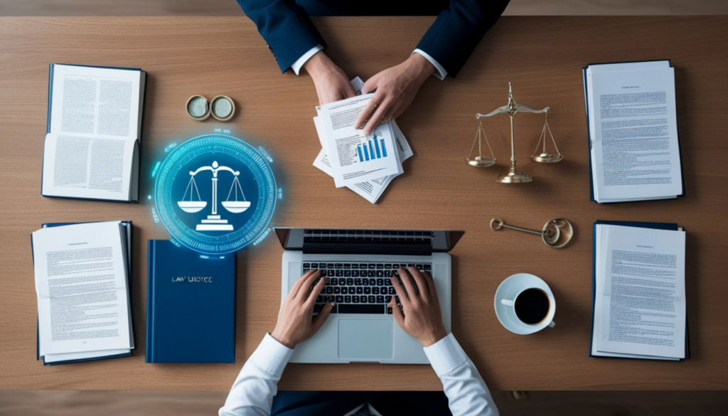 a desk with a computer and other legal documents indicating legal guardianship in maryland